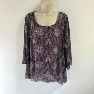 Vintage Y2K 90s One World Shirt L Paisley Studs Gems Chiffon Purple Boho Fairy
